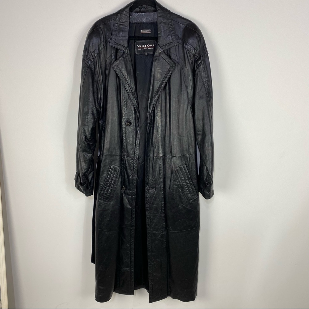 Wilsons Leather Black Trench Coat Minimalist Capsule Wardrobe Medium Tall